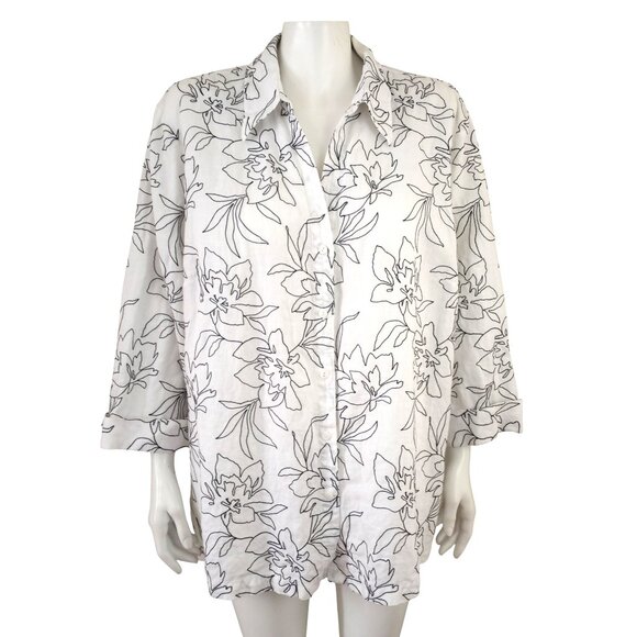 Jones New York Signature Linen White Black Floral Embroidered Blouse - Picture 1 of 8